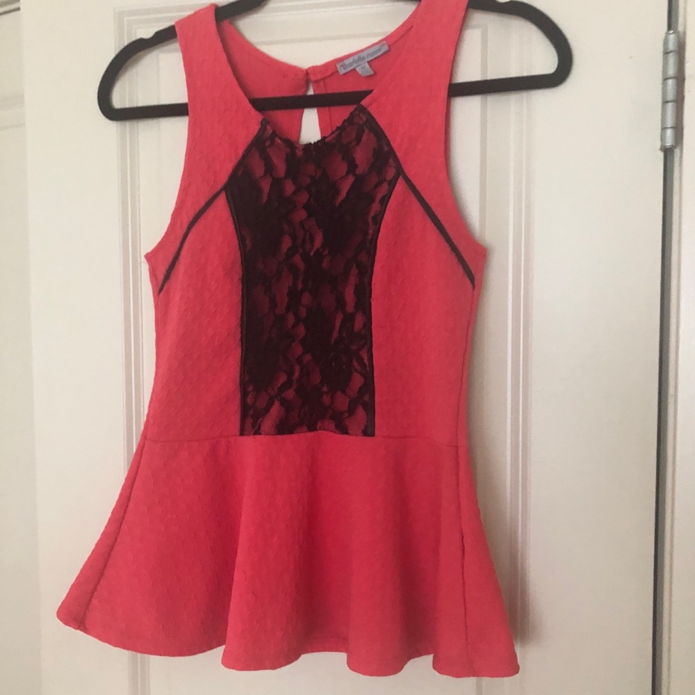 Bright Pink Peplum Tank with Black Lace!